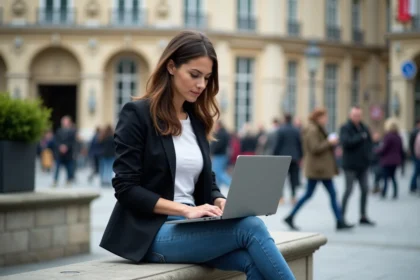 Jeune femme professionnelle travaillant sur un ordinateur à Paris