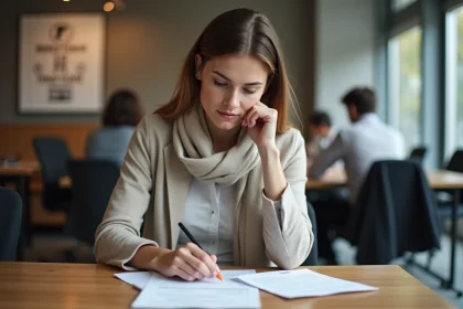 Jeune femme française en coworking examine des documents