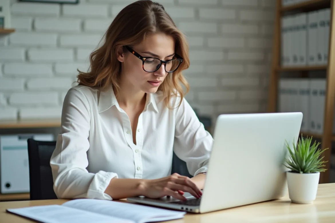 Jeune gestionnaire de paie consultant un guide professionnel sur son bureau à domicile avec un logiciel RH ouvert