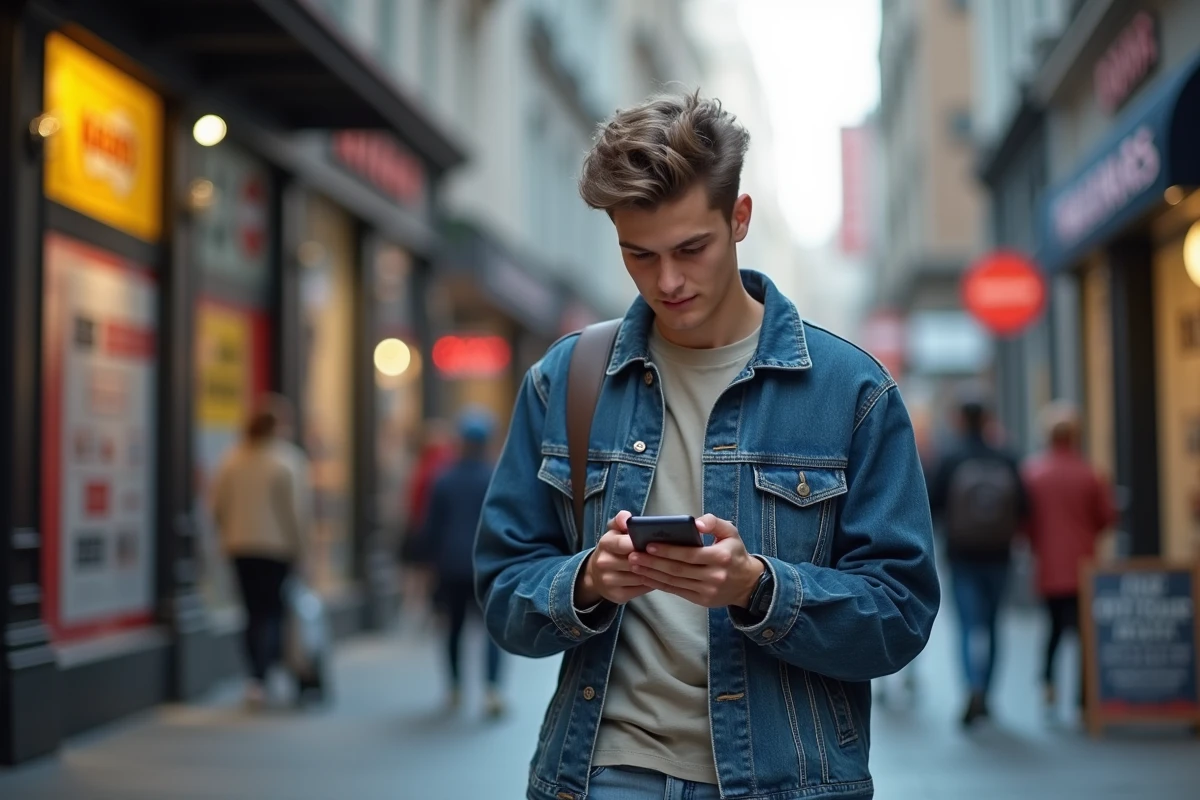 Jeune homme lisant les actualités sur son smartphone dans la rue