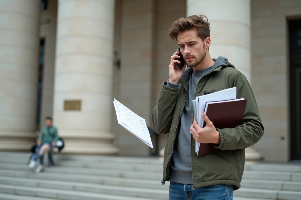 Jeune homme confus devant un bâtiment officiel en ville