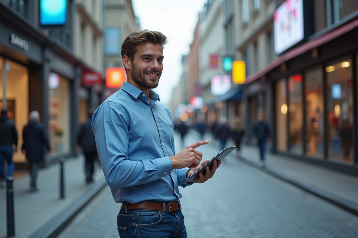 Jeune homme expliquant une campagne digitale en ville