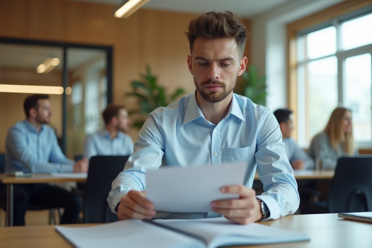 Jeune homme en formation lisant un livret d