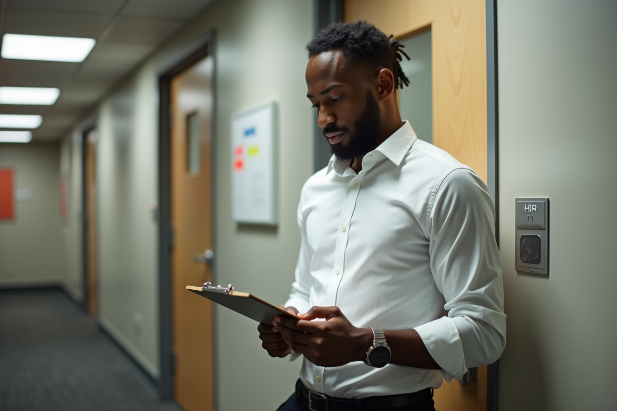 Jeune homme lisant un clipboard dans un couloir