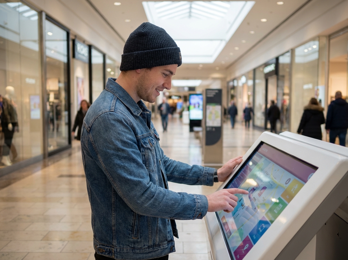Jeune homme explorant un kiosque digital dans un centre commercial