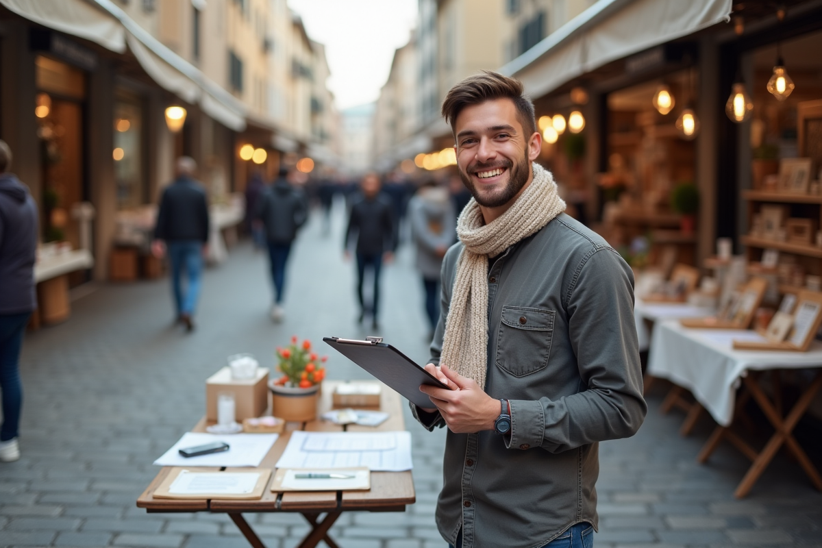 Jeune homme dans un marché urbain avec ses créations artisanales