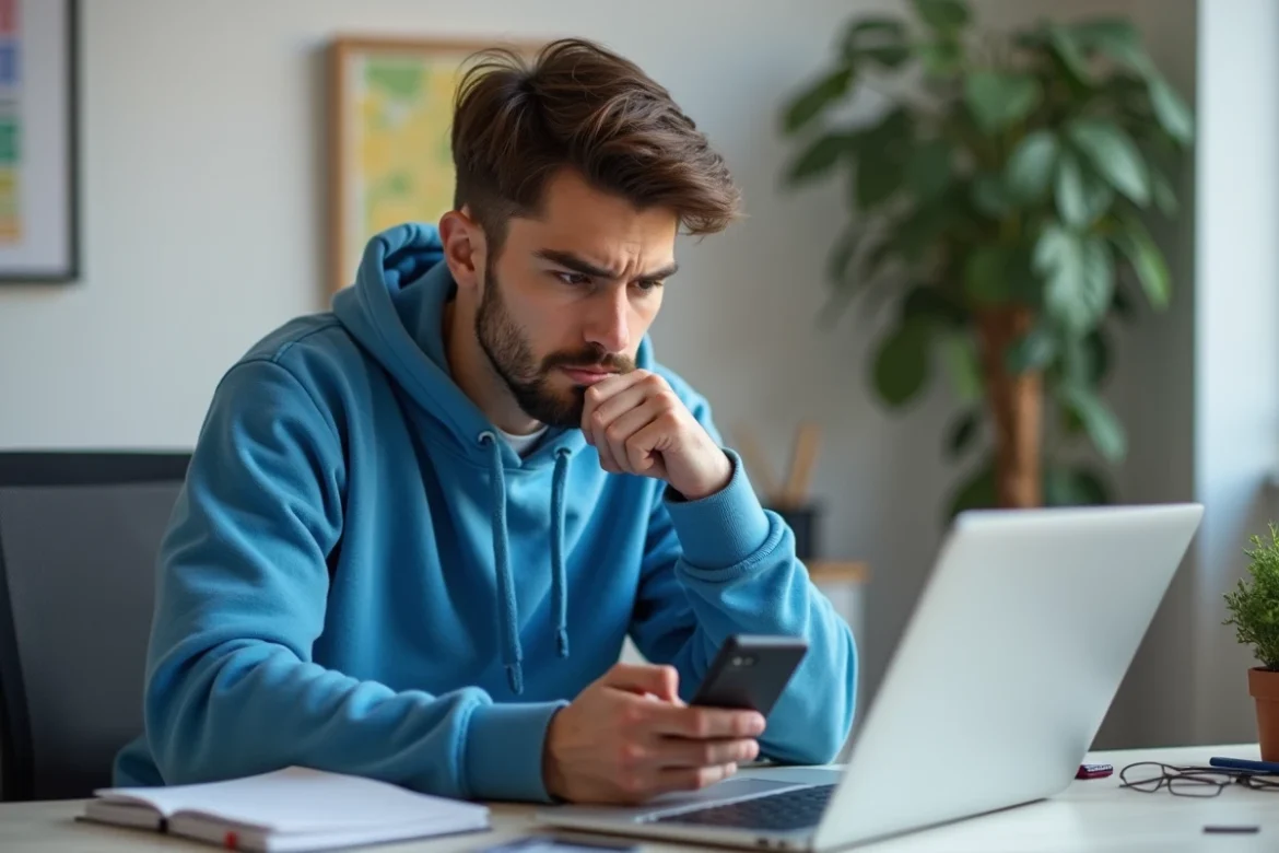 Jeune homme en hoodie bleu utilisant son ordinateur portable