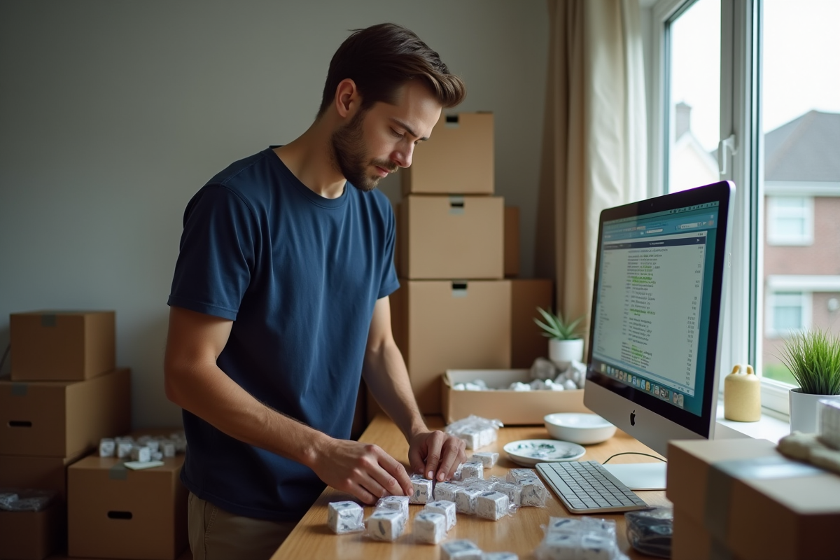 Jeune homme comptant des produits dans un espace organisé