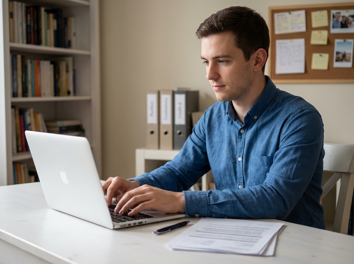Jeune homme concentré travaillant sur son ordinateur dans un bureau