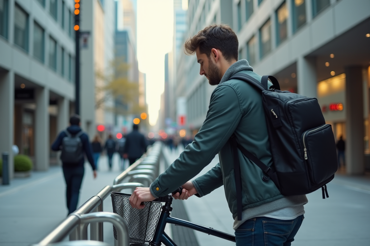 Jeune homme déverrouillant son vélo dans la ville