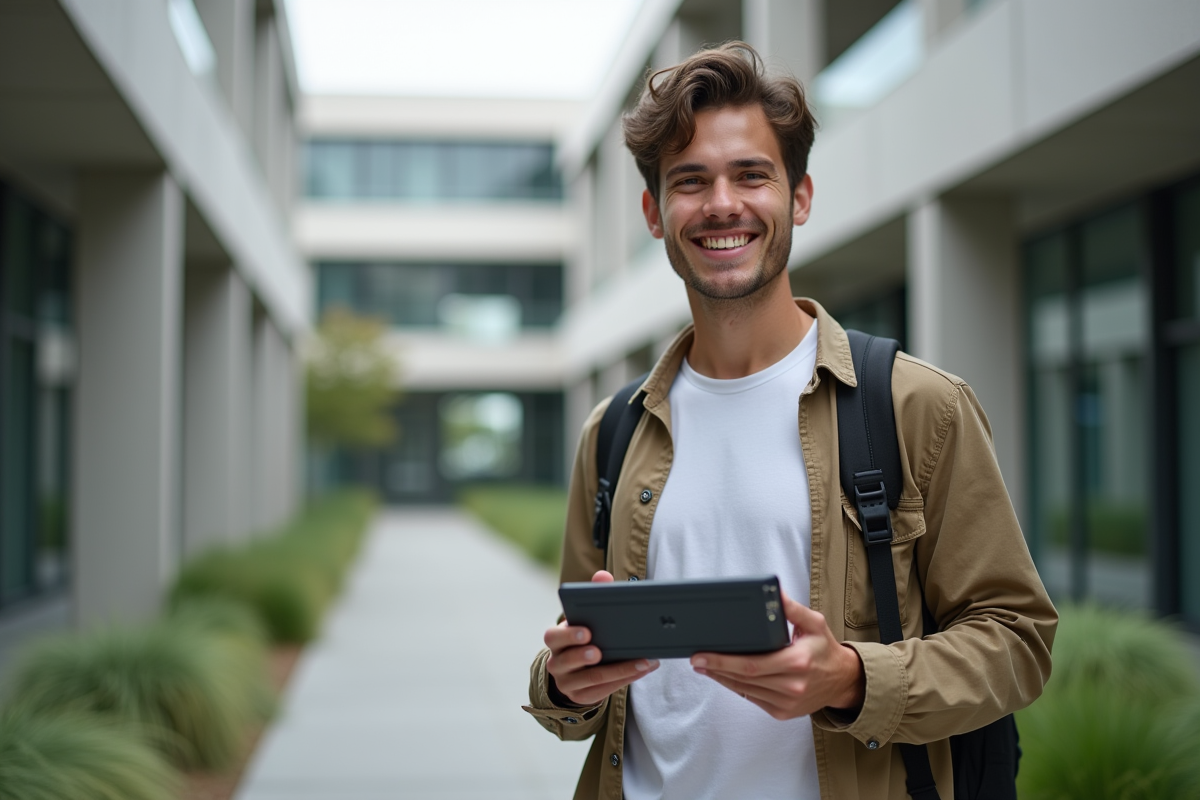 Jeune inventeur souriant avec prototype devant bâtiment moderne