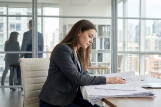 Jeune femme professionnelle examinant des documents immobiliers