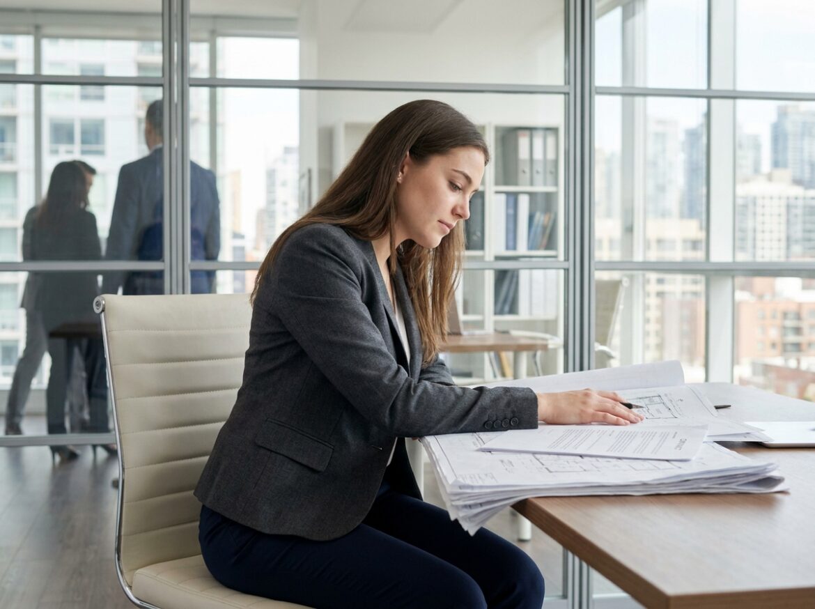 Jeune femme professionnelle examinant des documents immobiliers