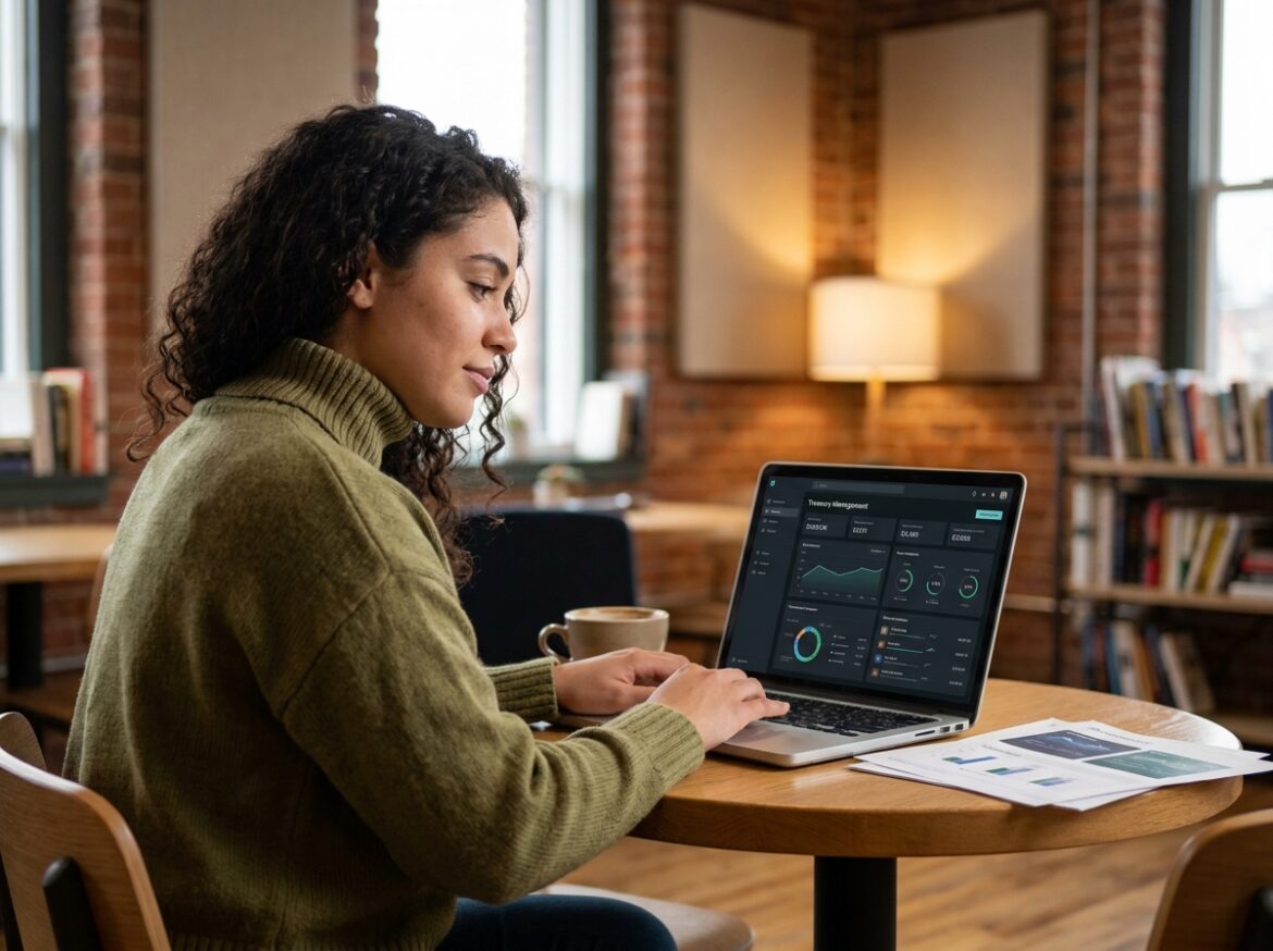 Jeune professionnelle de la finance travaillant sur un logiciel de gestion de trésorerie moderne dans un espace de co-working, remplaçant les tableaux Excel par une interface de pilotage financier intuitive et organisée