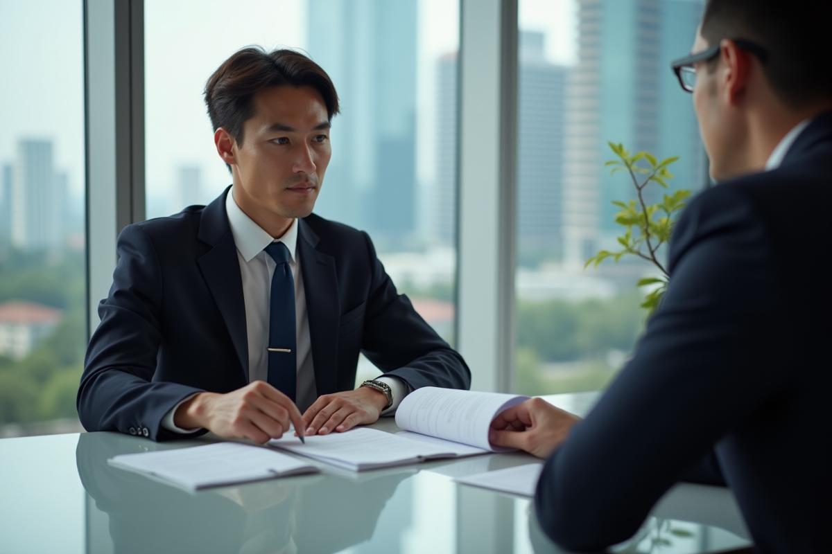 Étudiant en costume examine des documents immobiliers avec un client dans un bureau lumineux