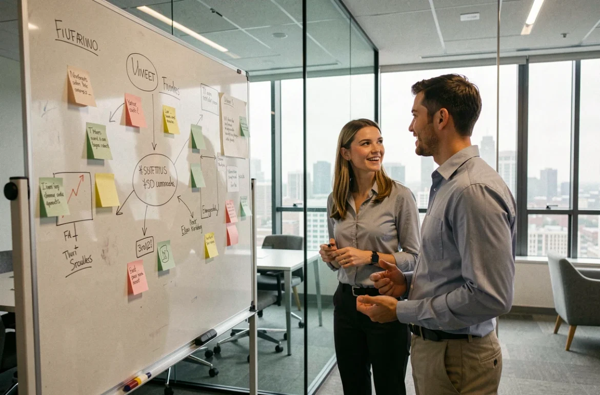 Deux jeunes entrepreneurs en discussion stratégique devant un tableau blanc dans un incubateur