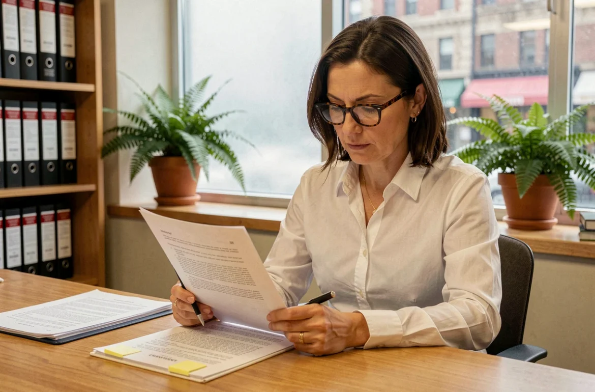 Juriste d'entreprise relisant attentivement un contrat d'acquisition juridique dans son bureau avec des annotations manuscrites