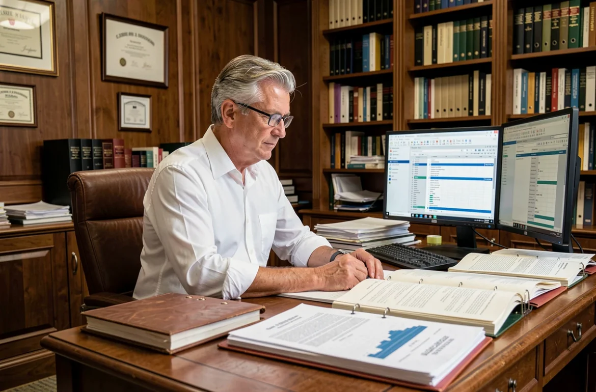 Juriste senior entouré de classeurs et rapports d'indices financiers dans un cabinet d'avocat traditionnel