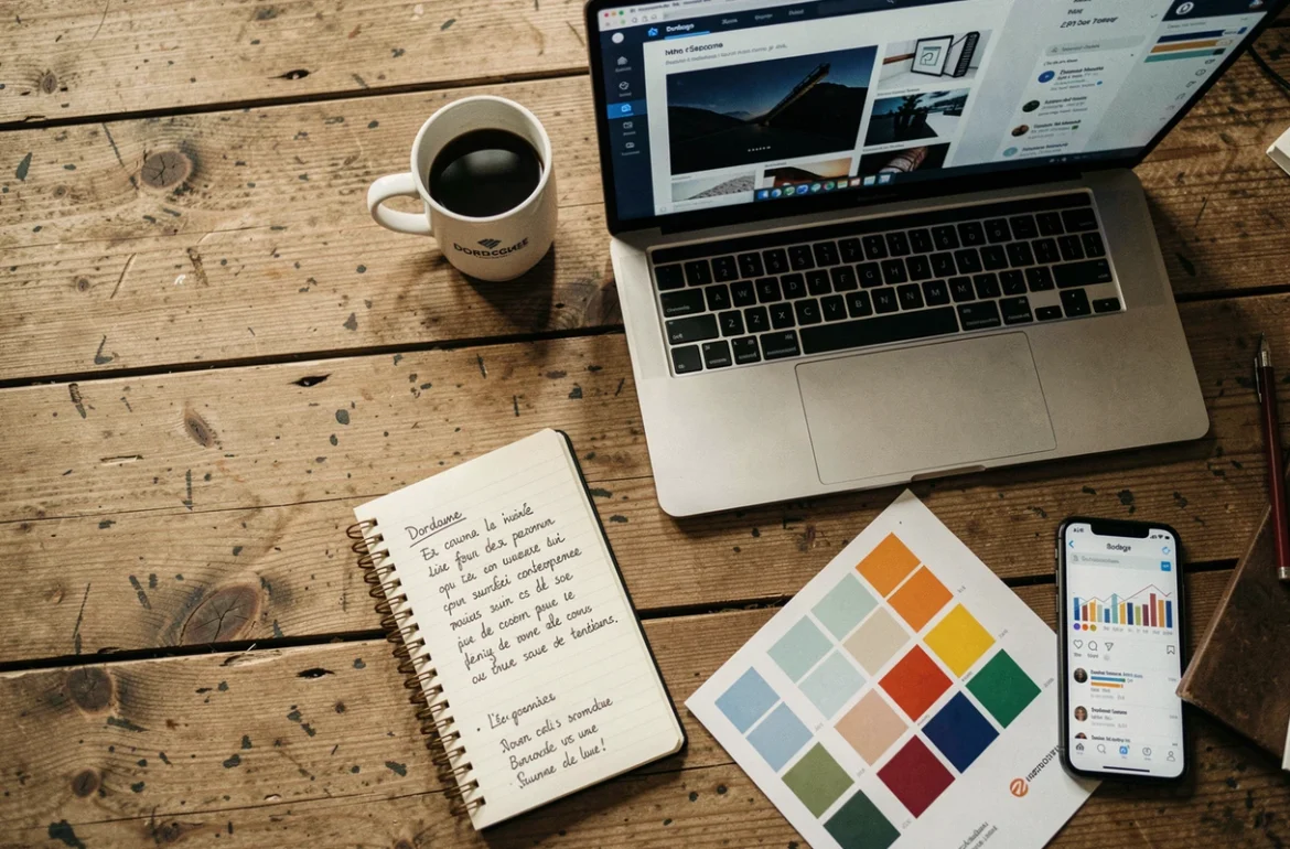 Plat posé d'un bureau créatif en Dordogne avec ordinateur portable, maquettes web et matériaux de branding, symbolisant les services numériques de KREAPIXEL