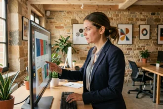 Professionnelle créative travaillant sur des maquettes graphiques dans un espace de co-working en Dordogne, illustrant les services de KREAPIXEL