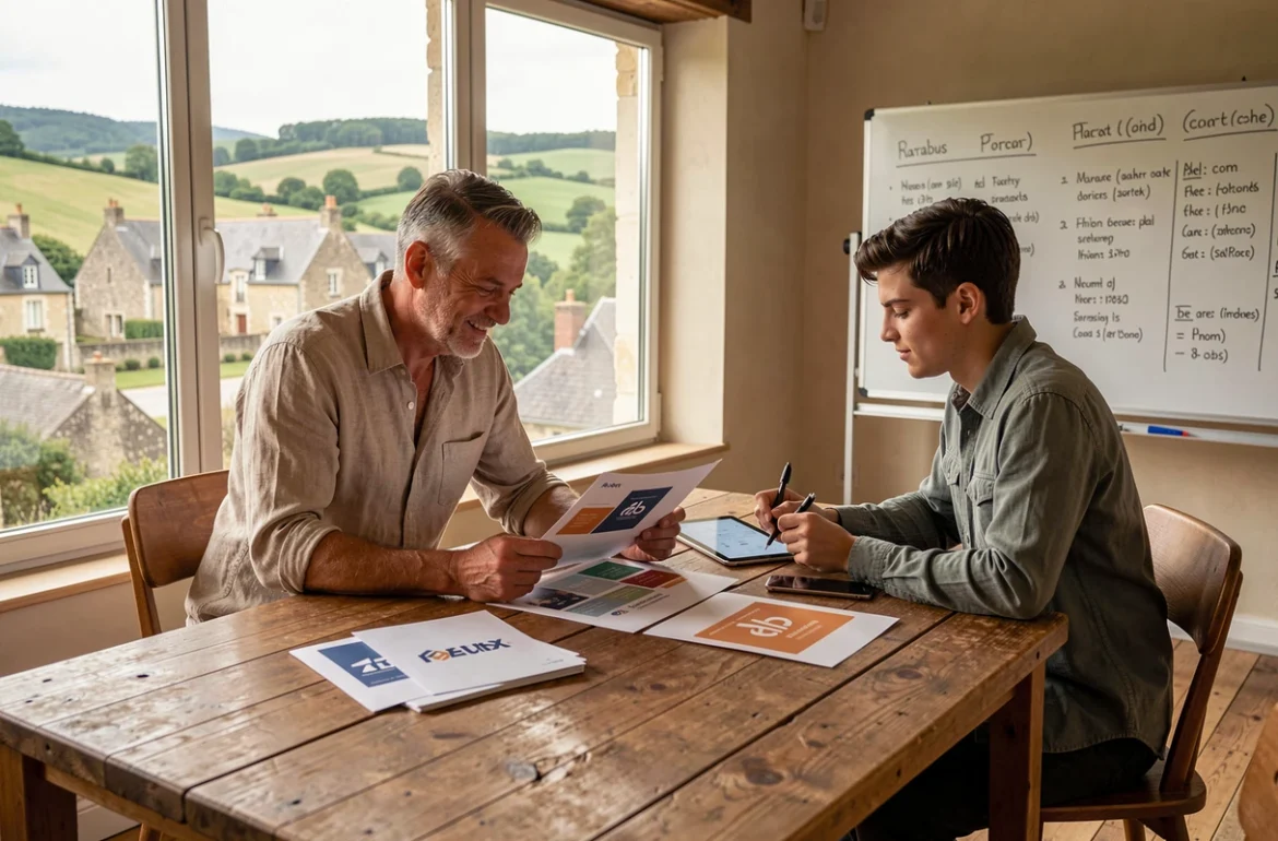 Réunion de collaboration entre un entrepreneur et un consultant créatif en Dordogne, avec vue sur le paysage périgourdin, pour illustrer un partenariat avec KREAPIXEL