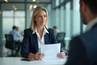 Responsable RH remettant une lettre de licenciement pour faute grave à un employé dans un bureau d'entreprise