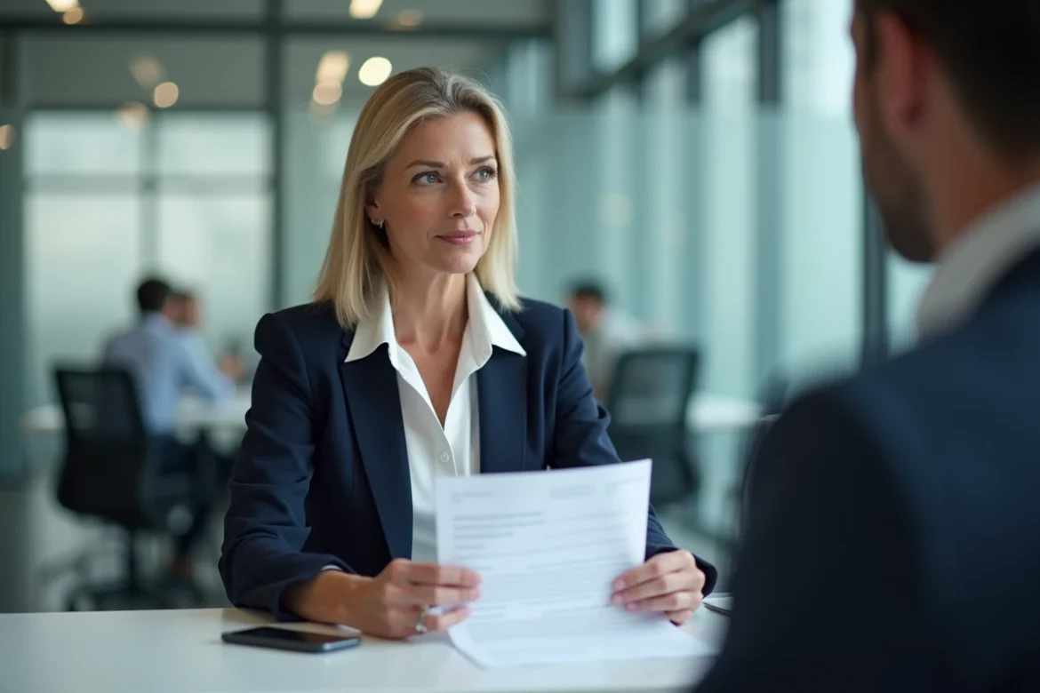 Responsable RH remettant une lettre de licenciement pour faute grave à un employé dans un bureau d'entreprise