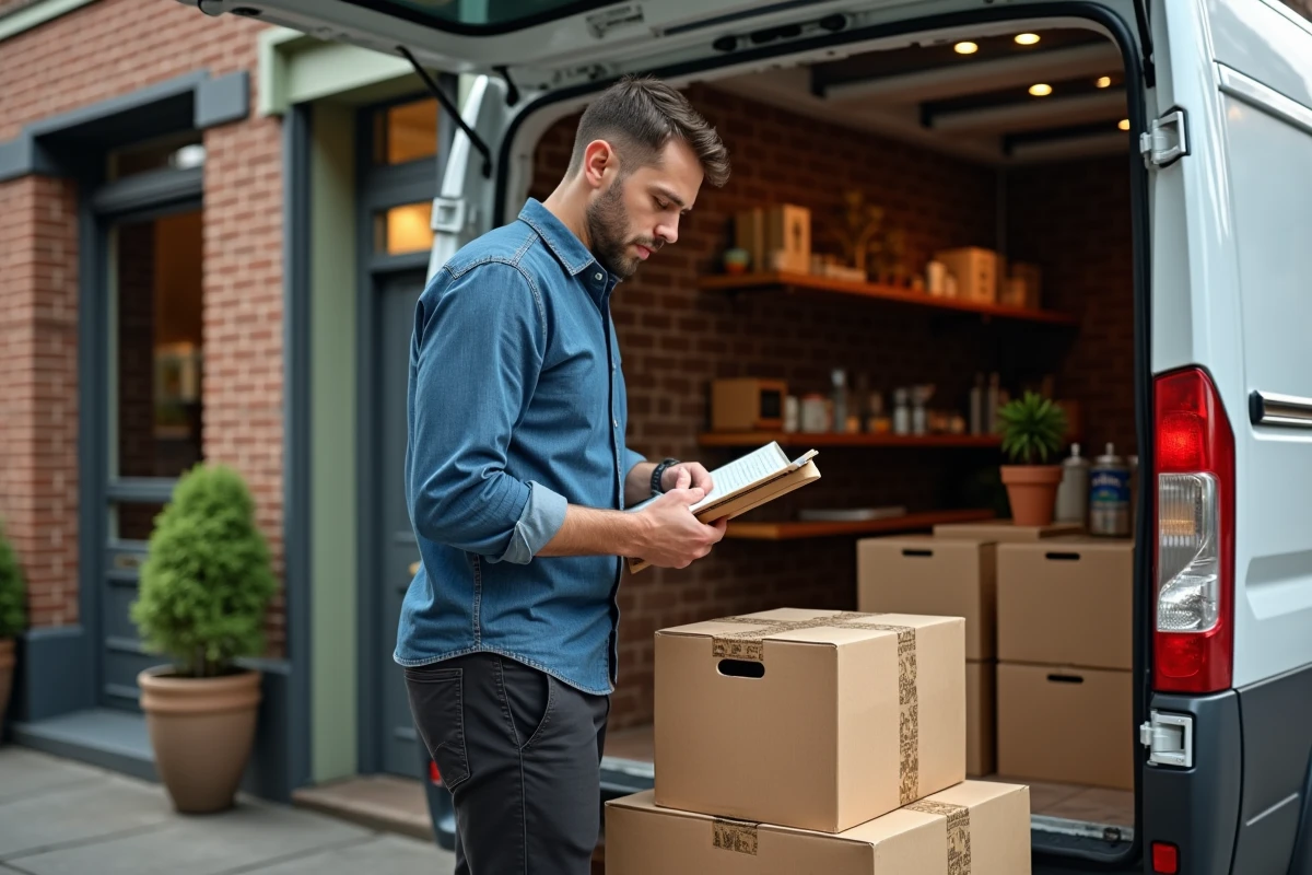 Homme décharge fruits secs dans un café urbain