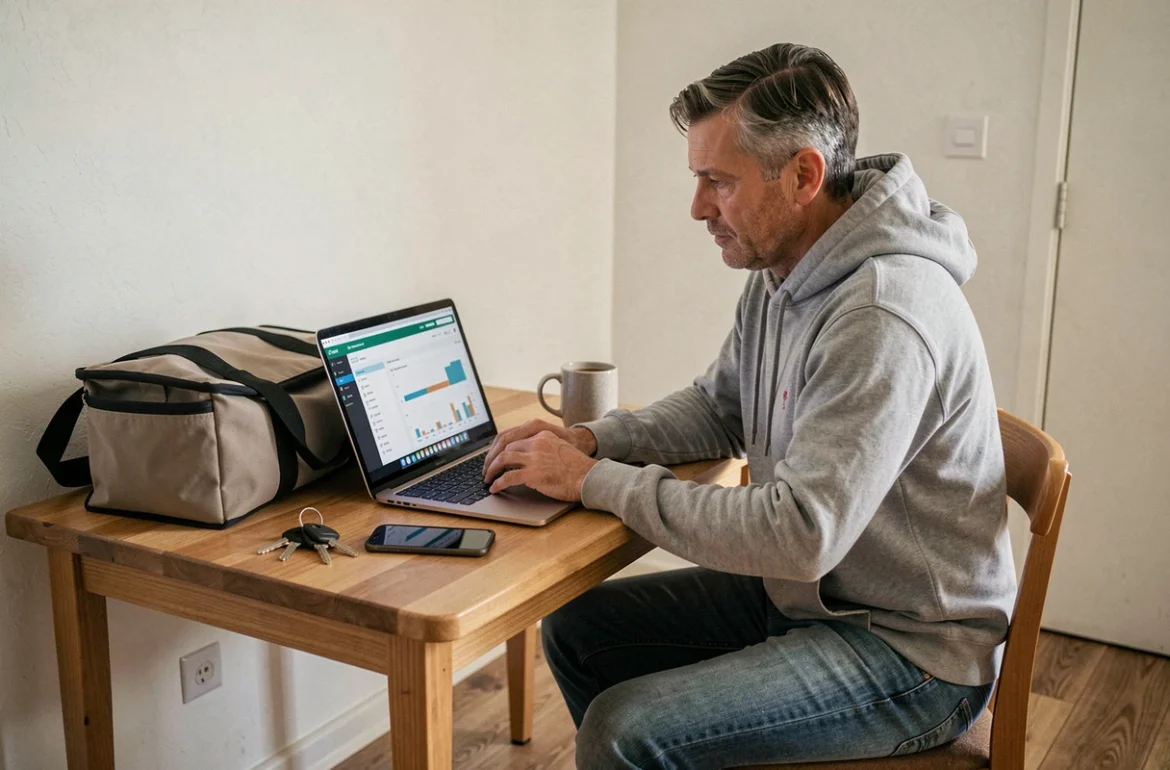 Livreur Uber Eats analysant ses revenus et gains sur un ordinateur portable chez lui à son domicile