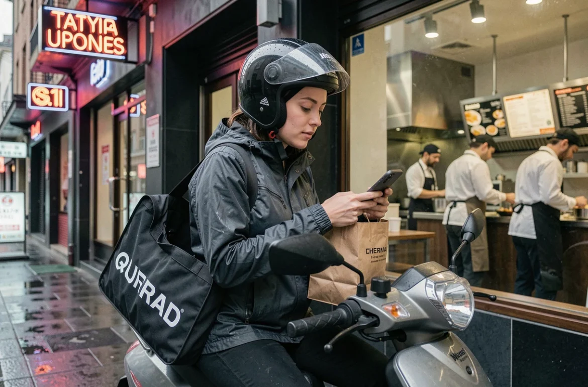 Livreuse Uber Eats à scooter devant un restaurant récupérant une commande en soirée