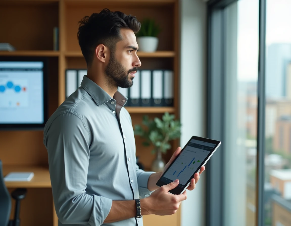 Manager IT consultant debout dans son bureau privé analysant le calendrier de migration d'un PGI ERP sur tablette