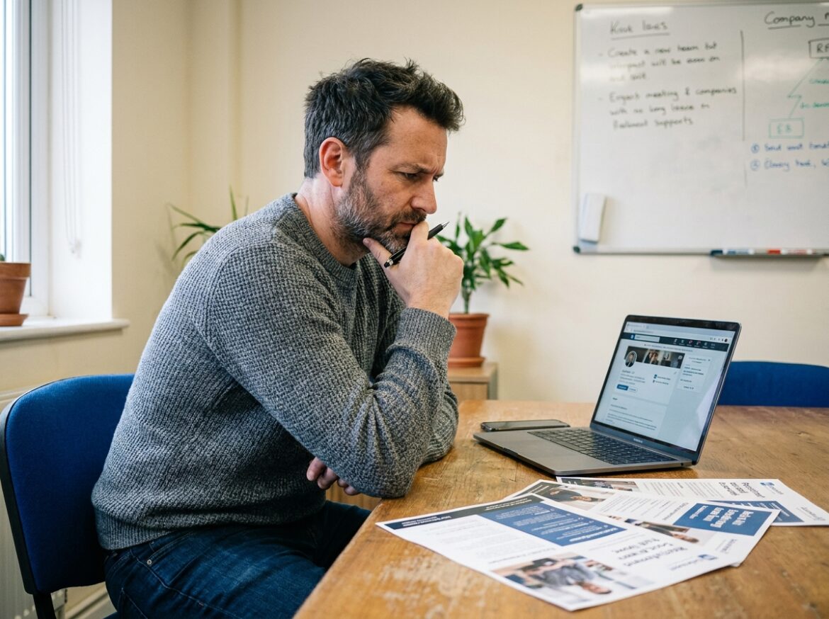 Manager analysant des supports de recrutement pour améliorer la visibilité de son entreprise