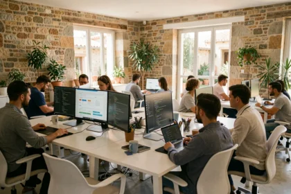Vue d'ensemble d'une agence de création de sites internet dans l'Aude avec une équipe de développeurs et designers travaillant en open space