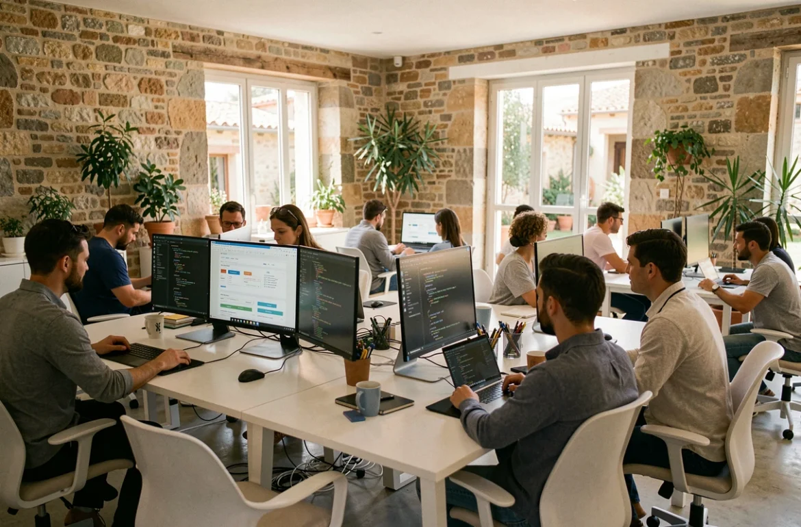 Vue d'ensemble d'une agence de création de sites internet dans l'Aude avec une équipe de développeurs et designers travaillant en open space
