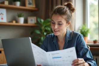 Mère de famille organisant son congé d'été obligatoire depuis son bureau à domicile avec un calendrier et un ordinateur portable
