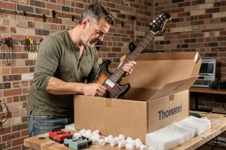 Musicien déballant une guitare électrique commandée sur Thomann dans un home studio
