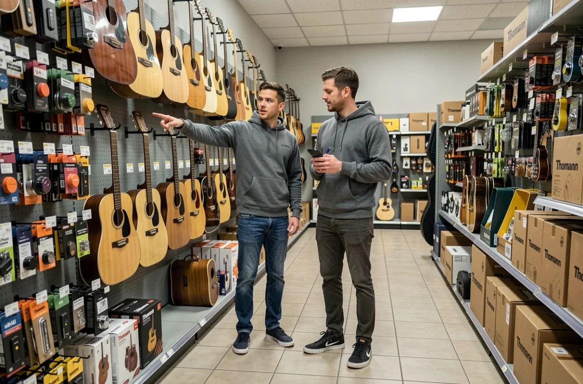 Deux musiciens examinant des guitares acoustiques en magasin spécialisé Thomann
