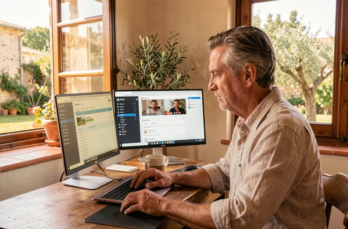 Développeur web de Natural-Net travaillant à distance depuis un bureau à domicile méditerranéen dans l'Aude avec une vue sur un jardin ensoleillé