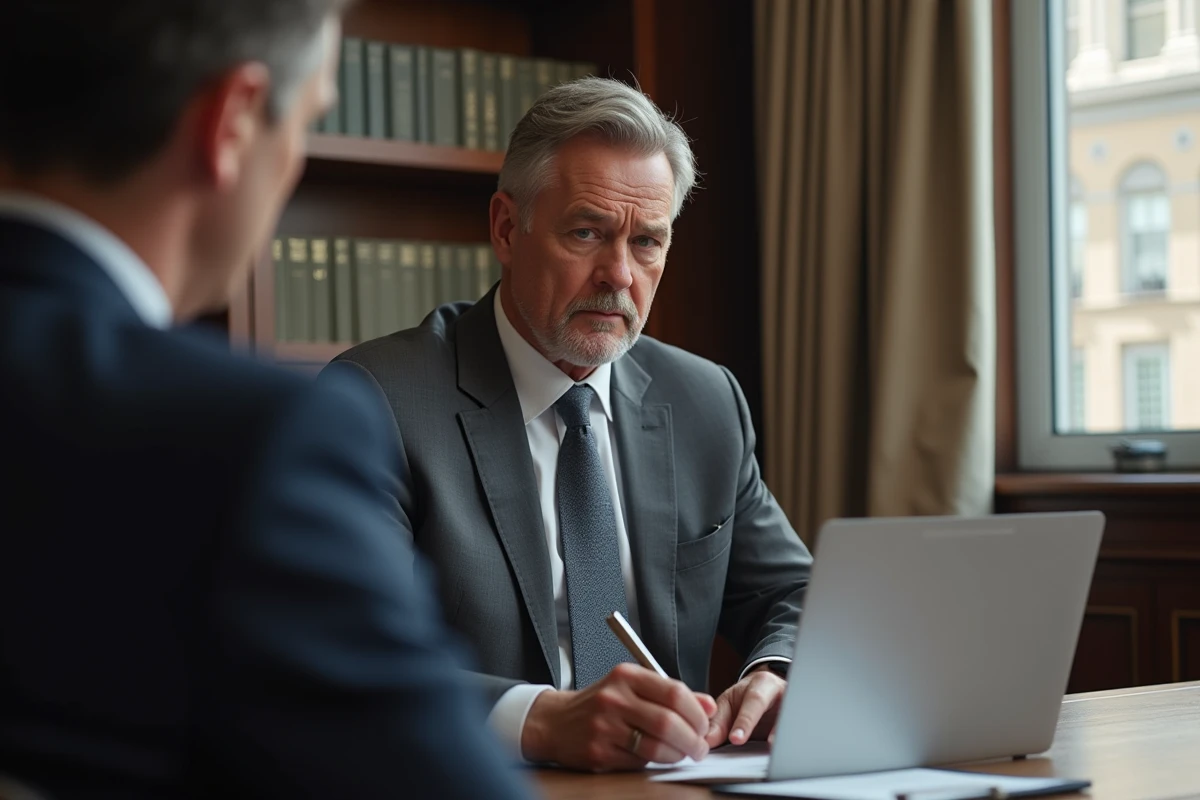 Notaire en costume gris discutant avec un client dans une salle