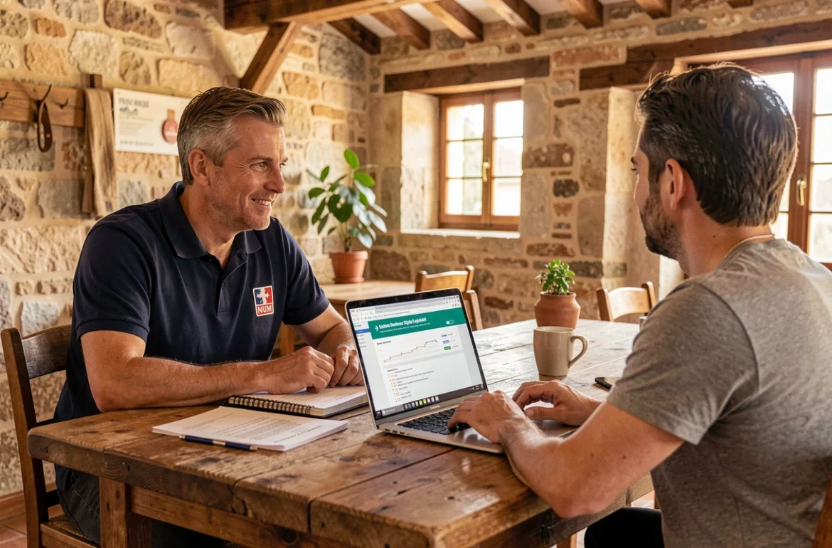 Consultant digital d'Okocraft, activateur France Num dans l'Aude, accompagnant un chef d'entreprise local dans un espace de coworking aux murs en pierre