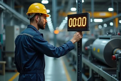 Ouvrier en uniforme de travail bleu contrôlant l'heure sur une horloge murale industrielle lors d'une prise de poste en horaires 2x8