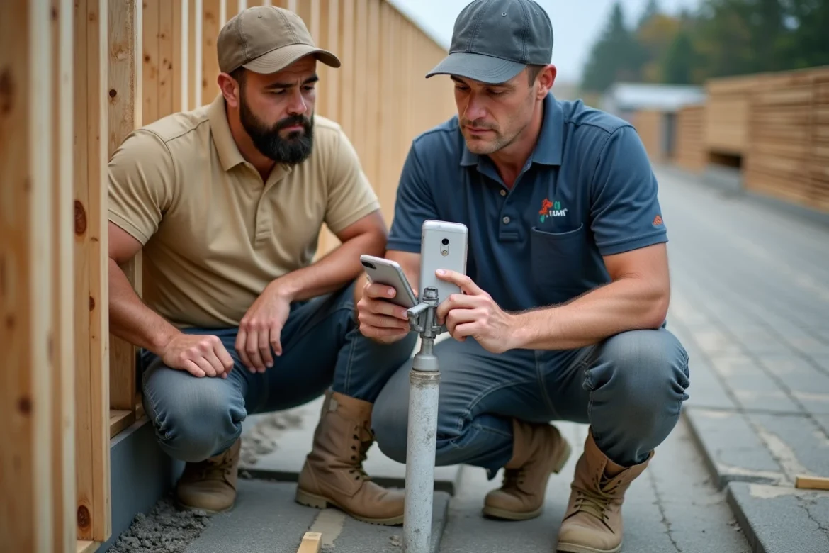 Deux ouvriers du bâtiment consultant un planning de chantier numérique sur smartphone pour coordonner les tâches quotidiennes sur site