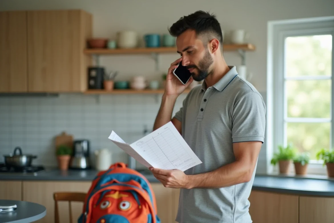 Père de famille gérant les aménagements professionnels pendant le congé d'été obligatoire depuis la cuisine familiale