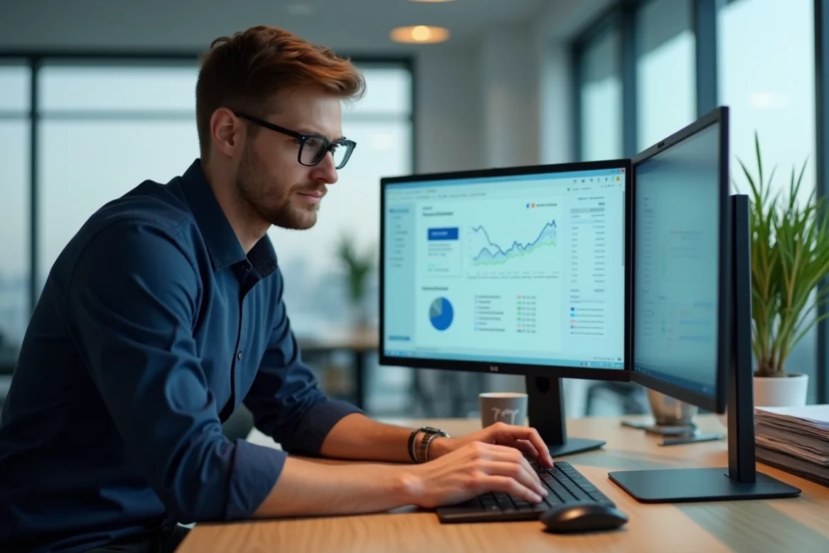 Comptable homme utilisant un ordinateur portable et un second écran pour accéder à des dossiers clients en cabinet