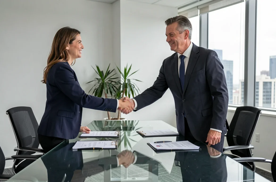 Deux dirigeants d'entreprise se serrant la main après la signature d'un accord de fusion-acquisition dans une salle de conseil