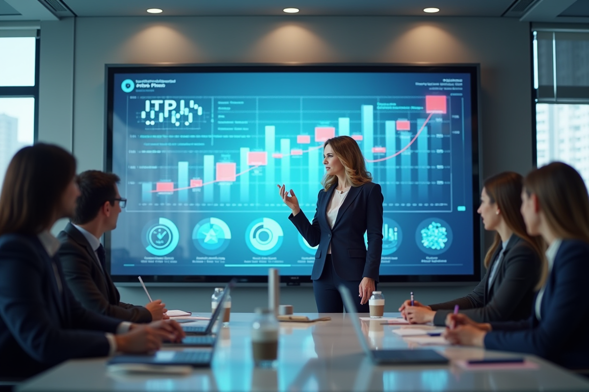 Femme présentant un plan marketing digital avec graphiques colorés
