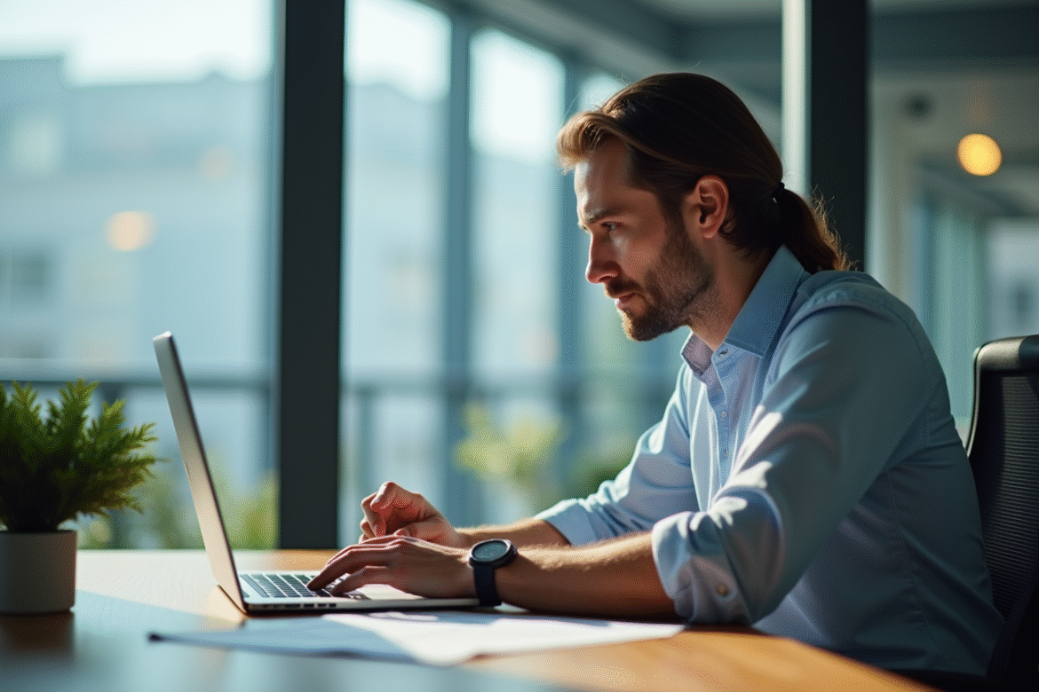 Professionnel utilisant un token de securite au bureau