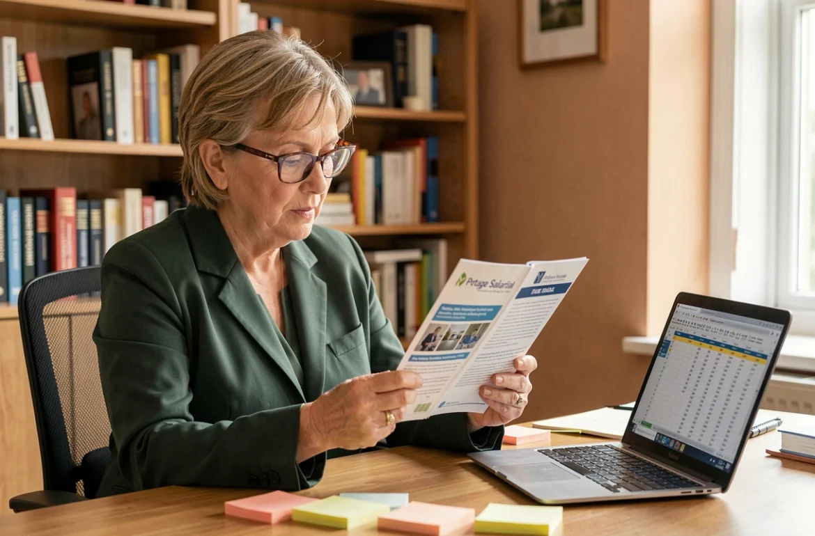 Professionnelle indépendante comparant des offres de portage salarial dans son bureau à domicile