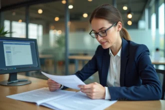 Professionnelle examinant des formulaires de déclaration européenne de services sur le portail Prodouane dans un bureau moderne