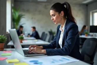 Professionnelle du marketing analysant les outils IA sur un tableau de bord numérique dans un bureau moderne
